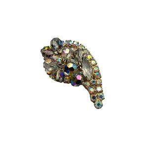 Vintage Paisley Brooch with AB Beads Smokey Grey Rhinestones Gold Tone Setting